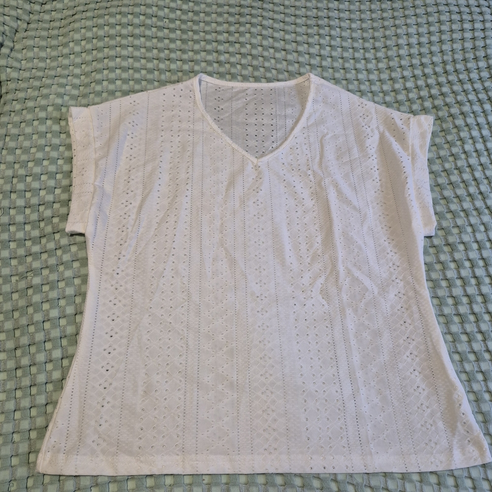 Slight V-Neck White Eyelet Women's Top